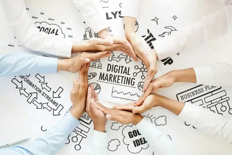 A group of hands circling the word Digital marketing